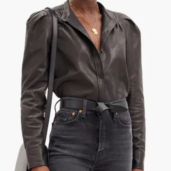 FRAME Charlie Puff Sleeve Leather Shirt - Size M - Picture 9 of 9